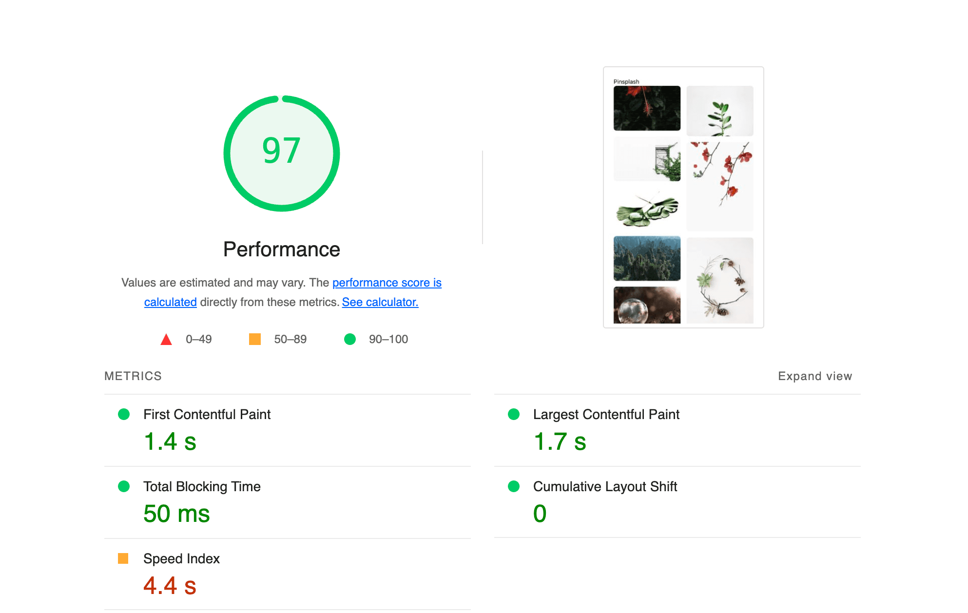 Lighthouse performance metrics for the masonry layout application in production.